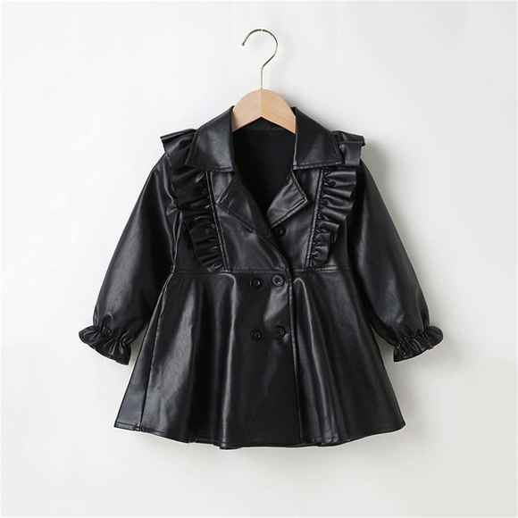 🎀NEW Princess Black Faux Leather Ruffles, Long Sleeve England Style Dress - Picture 5 of 7